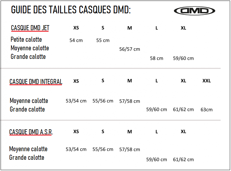 Guide tailles casque dmd